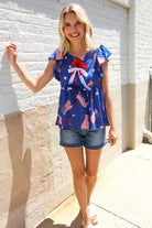 Haptics American Flag Blue & Red Stars & Bow Print Woven Top