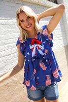 Haptics American Flag Blue & Red Stars & Bow Print Woven Top