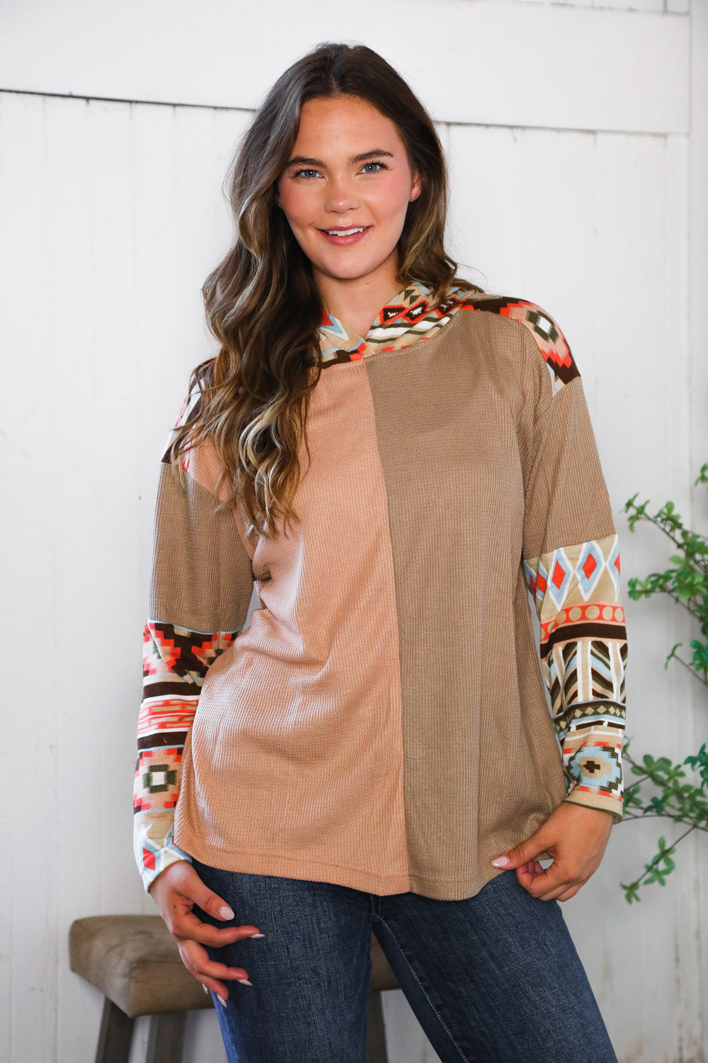 And The Why Color Block Tribal Long Sleeve Hoodie