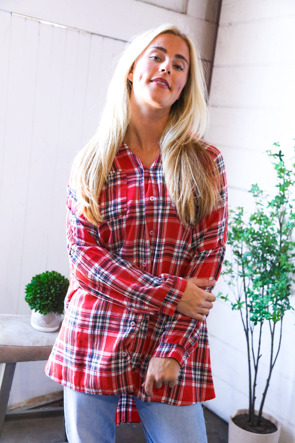 And The Why Relaxed Fit Red Multi Flannel Button-Up