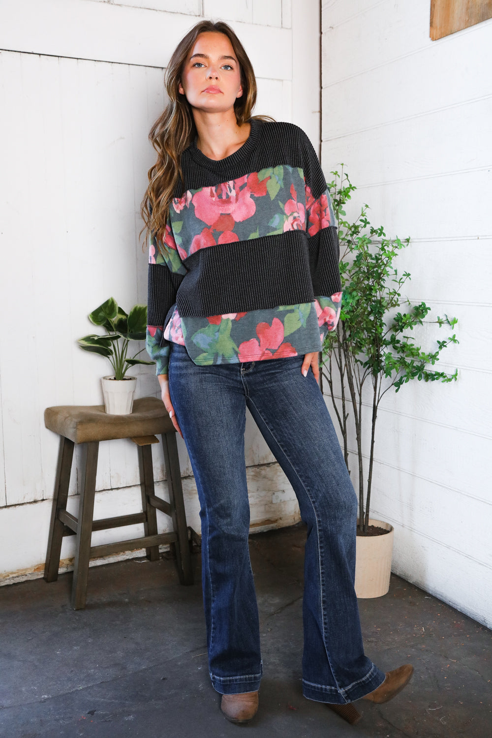 Haptics Floral & Charcoal Color Block Bubble Long Sleeve Knit Top