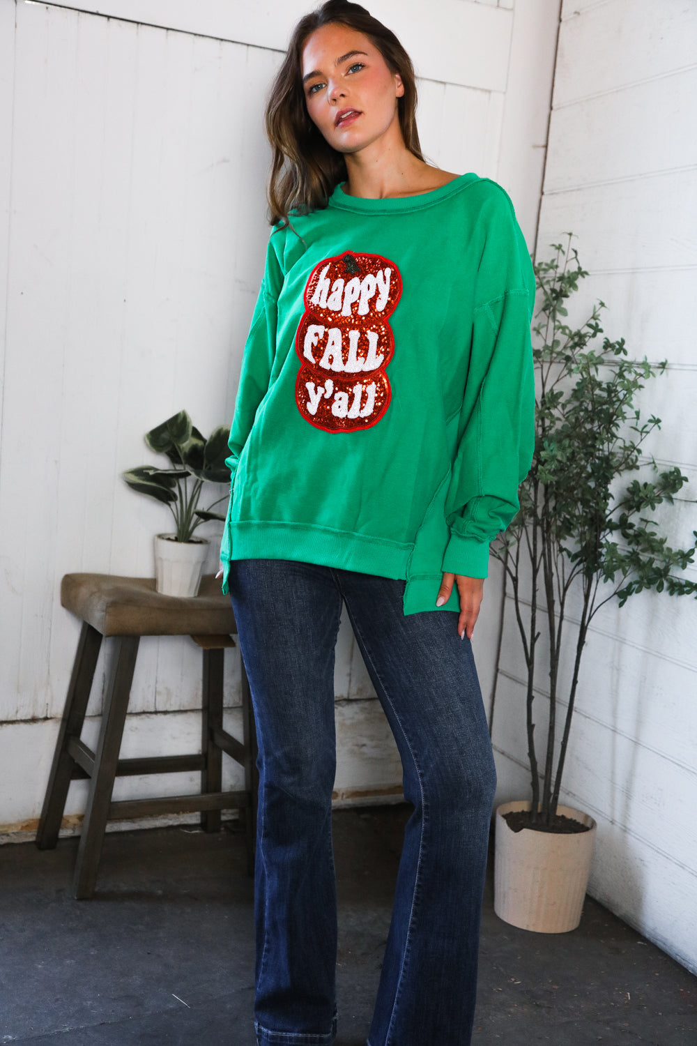 Fantastic Fawn 'Happy Fall Y'all' Kelly Green Sweater