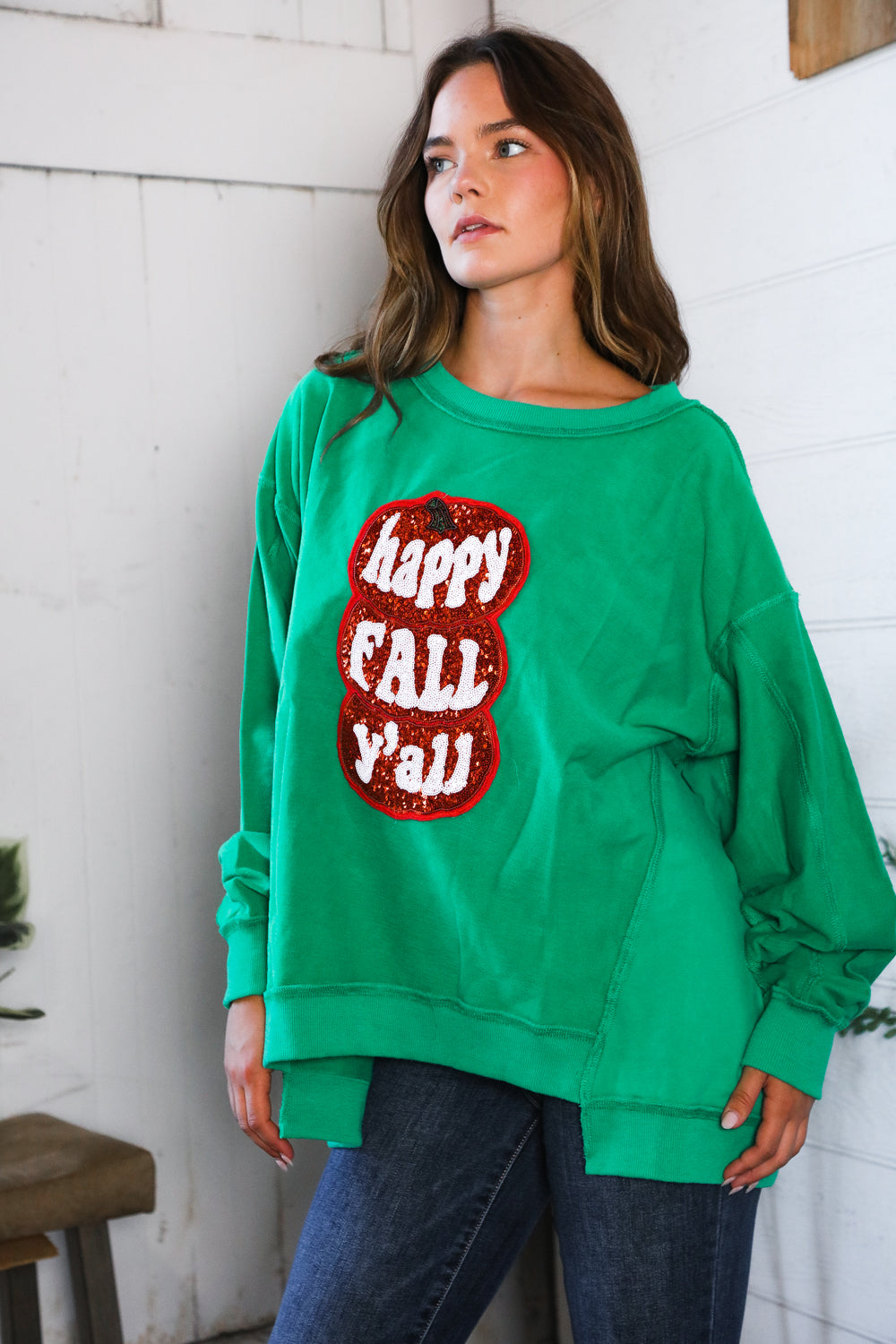 Fantastic Fawn 'Happy Fall Y'all' Kelly Green Sweater