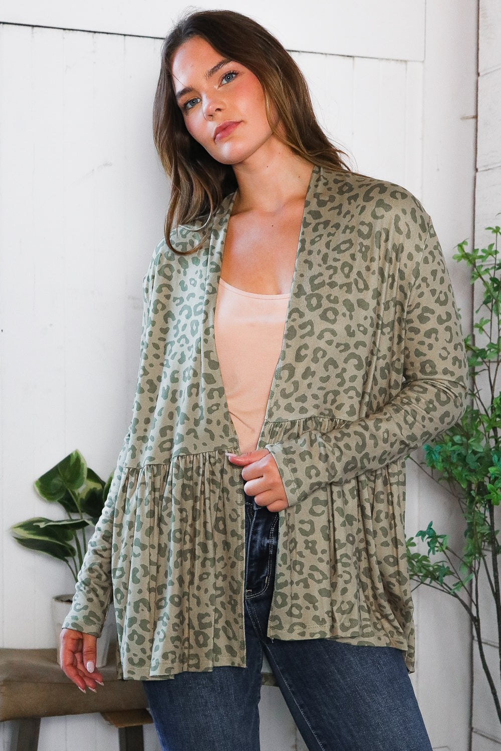 Be Stage Leopard Print Around Peplum Open Cardigan