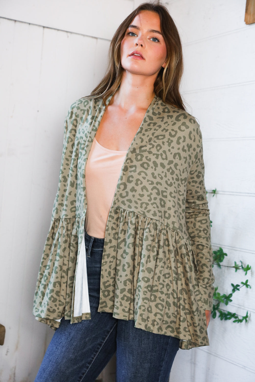 Be Stage Leopard Print Around Peplum Open Cardigan