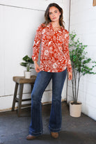 Be Stage Rust & White Floral V-Neck Long Sleeve Top