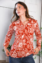 Be Stage Rust & White Floral V-Neck Long Sleeve Top