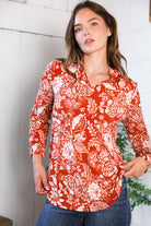Be Stage Rust & White Floral V-Neck Long Sleeve Top