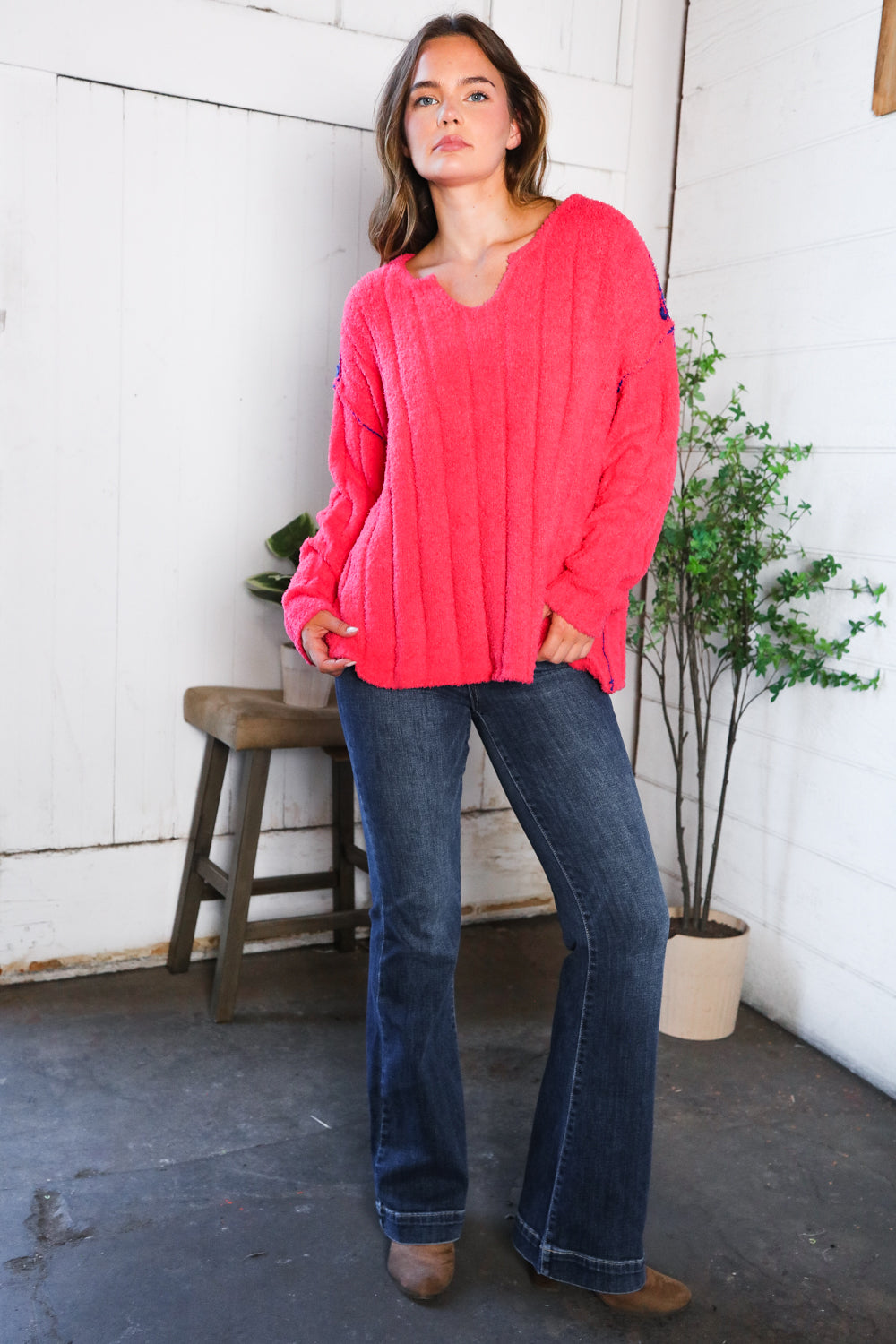 Fantastic Fawn Me Hot Pink Thick Ribbed Sweater
