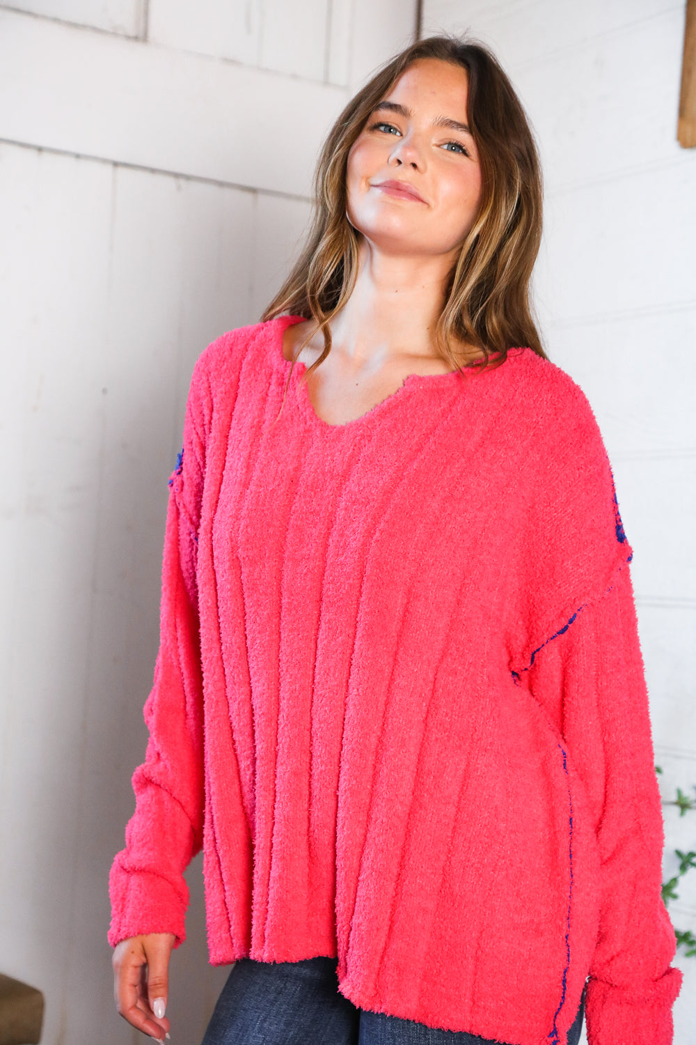 Fantastic Fawn Me Hot Pink Thick Ribbed Sweater