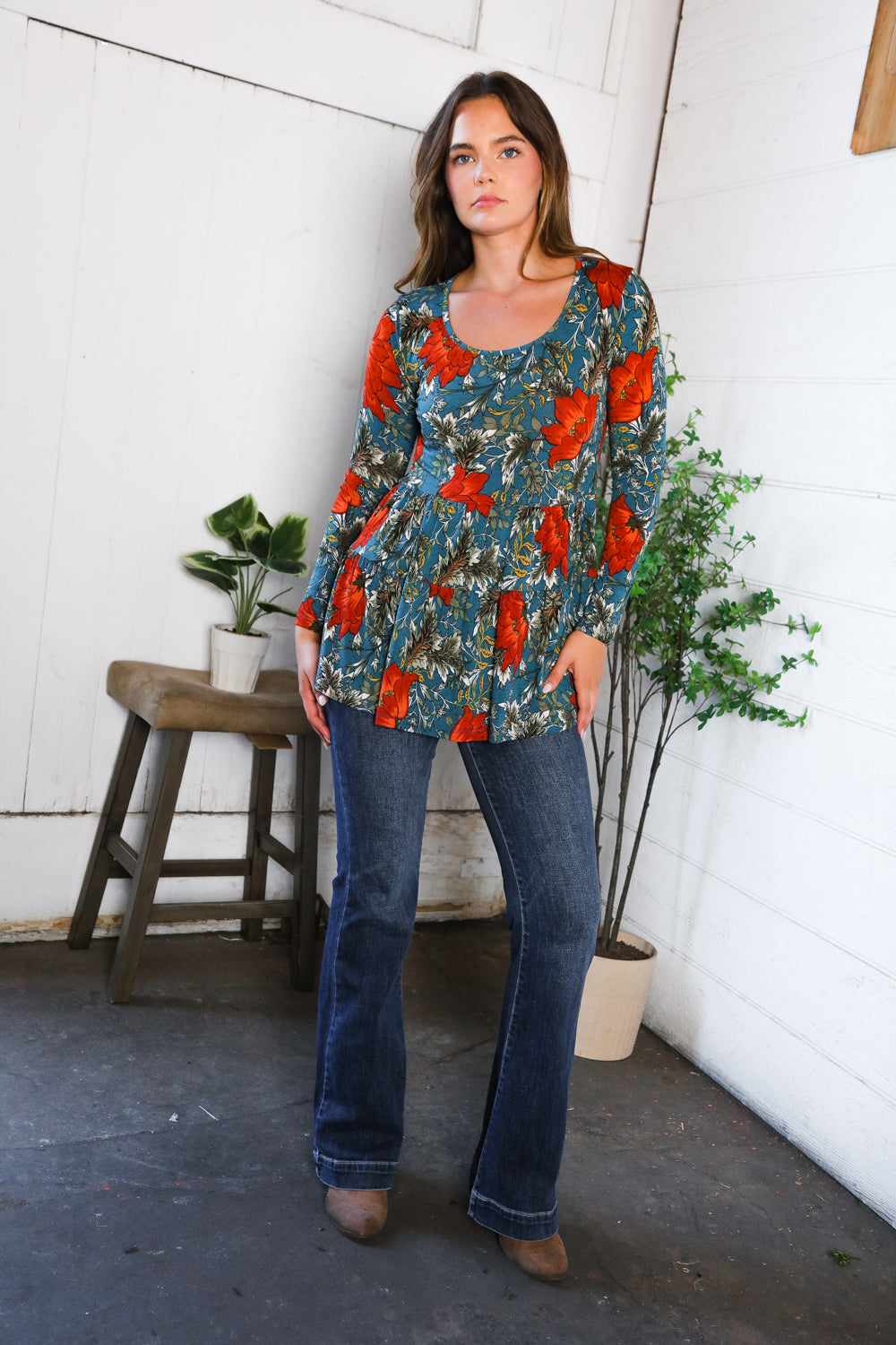 Be Stage Floral Print Long Sleeve Babydoll Blouse