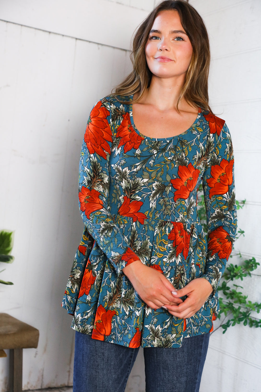 Be Stage Floral Print Long Sleeve Babydoll Blouse