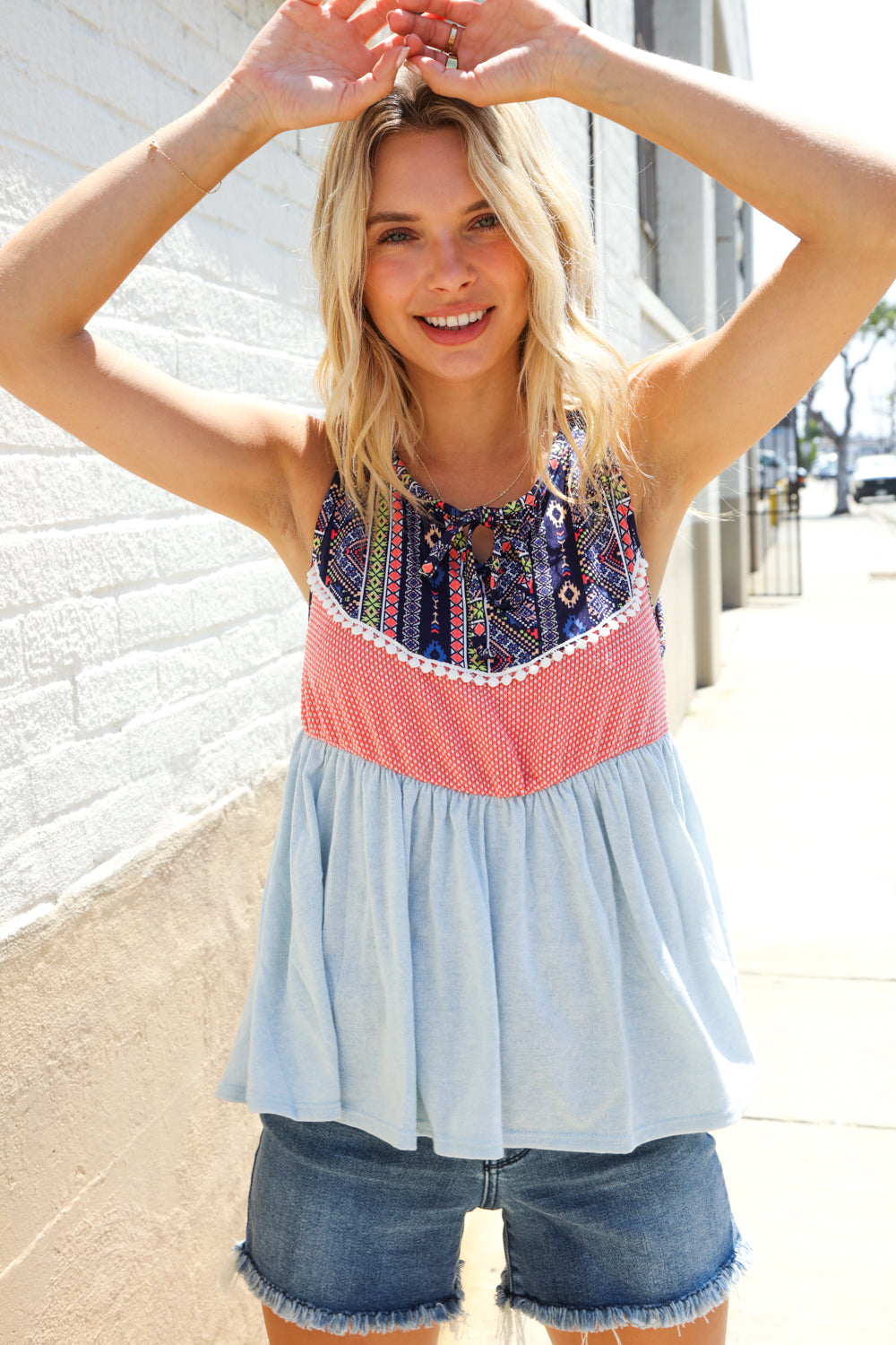 Haptics Coral/Blue Boho Print Color Block Sleeveless Top