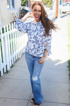 Haptics Vintage Chic Navy & Ivory Three-Quarter Bow Sleeve Contrast Stripe Blouse