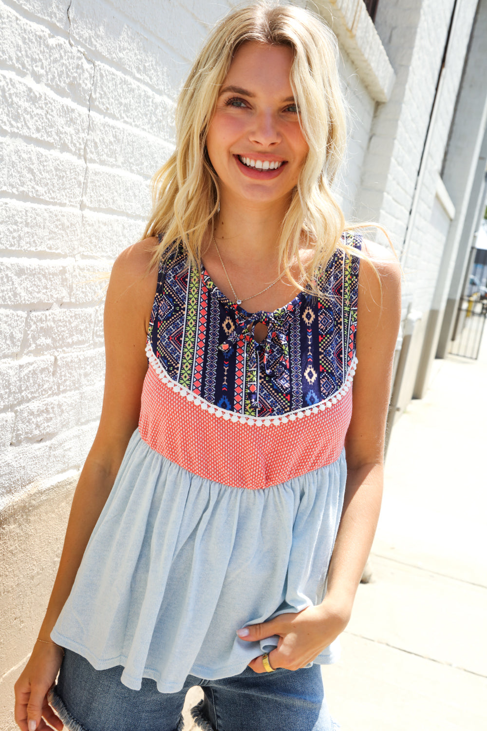 Haptics Coral/Blue Boho Print Color Block Sleeveless Top