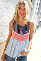 Haptics Coral/Blue Boho Print Color Block Sleeveless Top