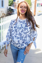 Haptics Vintage Chic Navy & Ivory Three-Quarter Bow Sleeve Contrast Stripe Blouse
