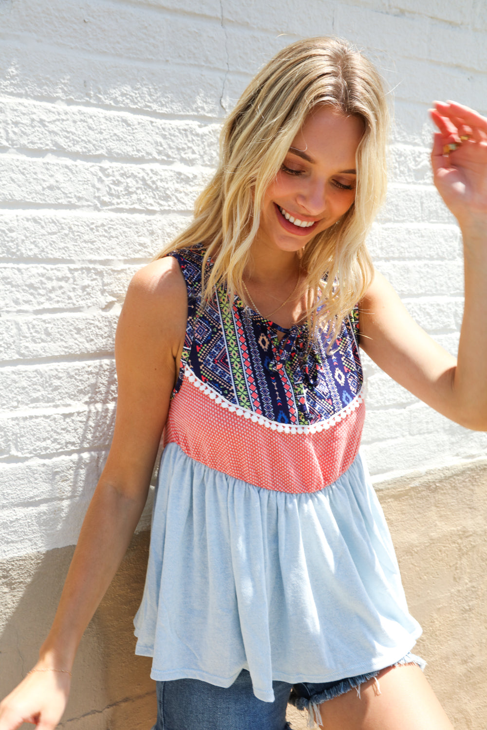 Haptics Coral/Blue Boho Print Color Block Sleeveless Top