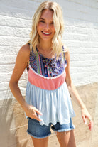 Haptics Coral/Blue Boho Print Color Block Sleeveless Top