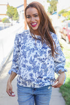 Haptics Vintage Chic Navy & Ivory Three-Quarter Bow Sleeve Contrast Stripe Blouse