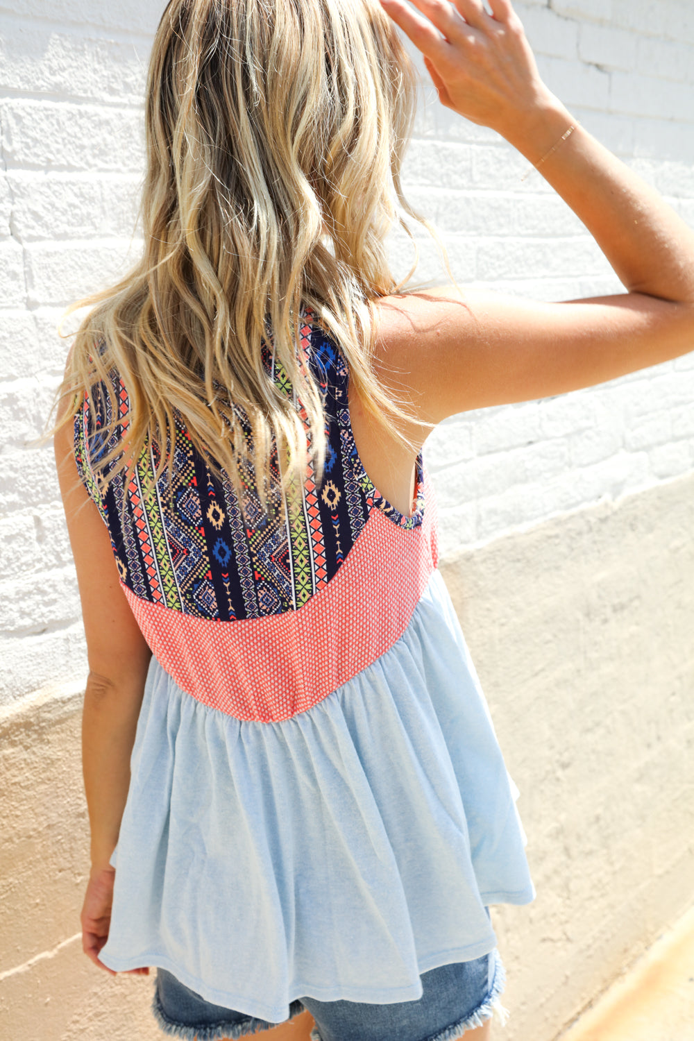 Haptics Coral/Blue Boho Print Color Block Sleeveless Top