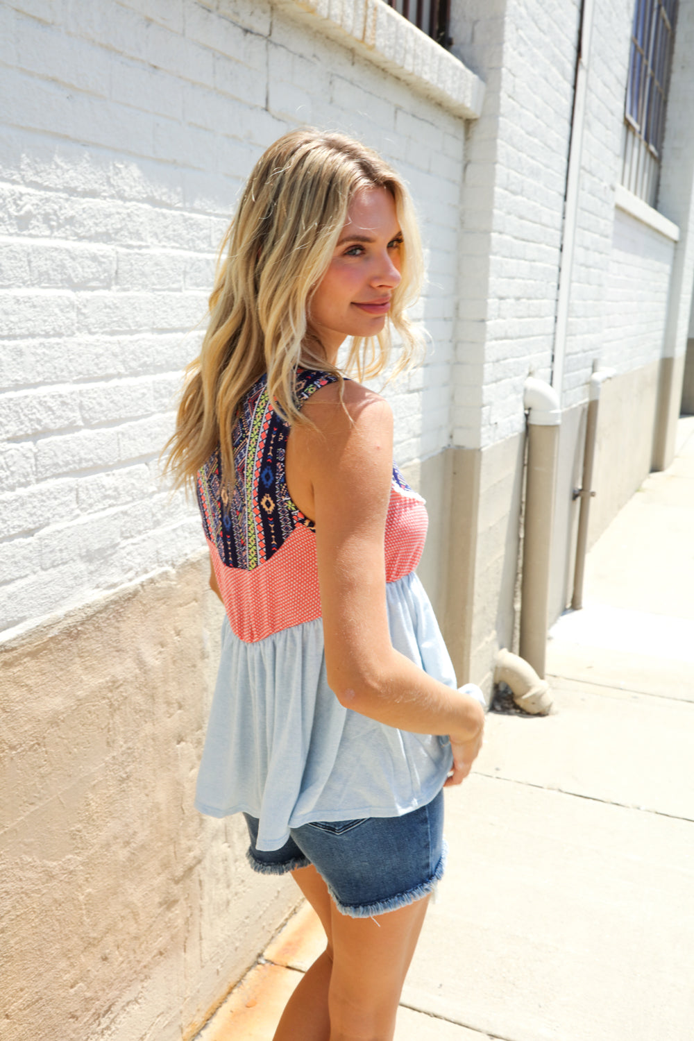 Haptics Coral/Blue Boho Print Color Block Sleeveless Top
