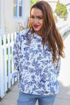 Haptics Vintage Chic Navy & Ivory Three-Quarter Bow Sleeve Contrast Stripe Blouse