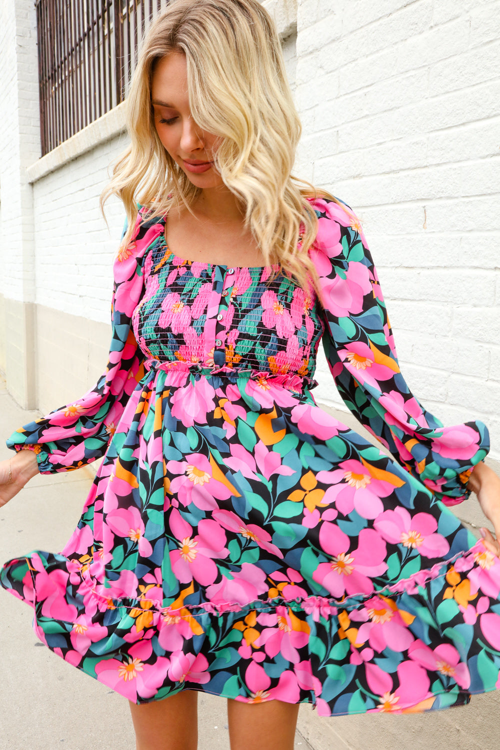 First Love Floral Smocked Square Neck Ruffle Frill Dress
