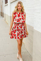 First Love Red Floral Print Sleeveless Smocked Waist Dress