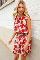 First Love Red Floral Print Sleeveless Smocked Waist Dress