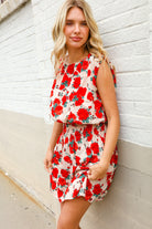 First Love Red Floral Print Sleeveless Smocked Waist Dress