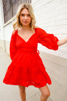 First Love Red Crepe Sweetheart Wrap Yoke Puff Sleeve Lined Dress