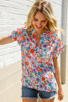 First Love Ivory Floral Print Notch Neck Puff Short Sleeve Top