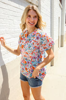 First Love Ivory Floral Print Notch Neck Puff Short Sleeve Top