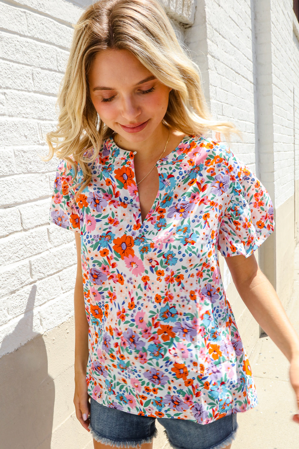First Love Ivory Floral Print Notch Neck Puff Short Sleeve Top