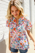 First Love Ivory Floral Print Notch Neck Puff Short Sleeve Top