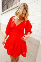 First Love Red Crepe Sweetheart Wrap Yoke Puff Sleeve Lined Dress