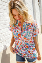 First Love Ivory Floral Print Notch Neck Puff Short Sleeve Top