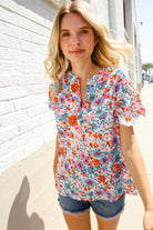 First Love Ivory Floral Print Notch Neck Puff Short Sleeve Top