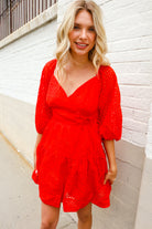 First Love Red Crepe Sweetheart Wrap Yoke Puff Sleeve Lined Dress