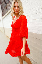 First Love Red Crepe Sweetheart Wrap Yoke Puff Sleeve Lined Dress