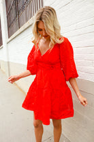 First Love Red Crepe Sweetheart Wrap Yoke Puff Sleeve Lined Dress