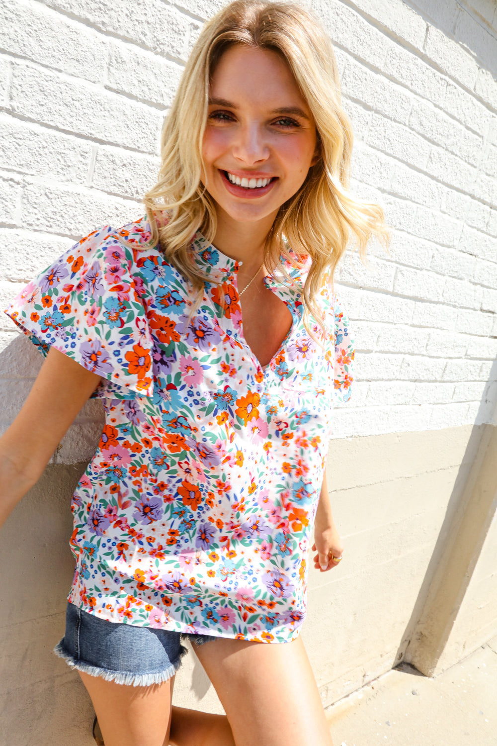 First Love Ivory Floral Print Notch Neck Puff Short Sleeve Top