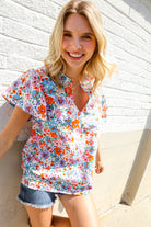 First Love Ivory Floral Print Notch Neck Puff Short Sleeve Top