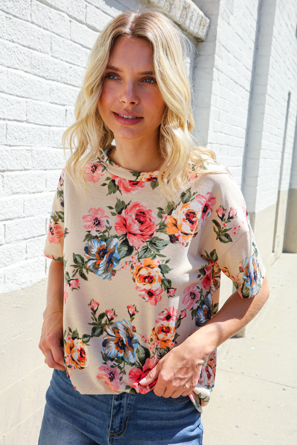 Haptics Taupe Floral Print Short Sleeve Top