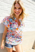 First Love Ivory Floral Print Notch Neck Puff Short Sleeve Top