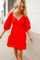 First Love Red Crepe Sweetheart Wrap Yoke Puff Sleeve Lined Dress