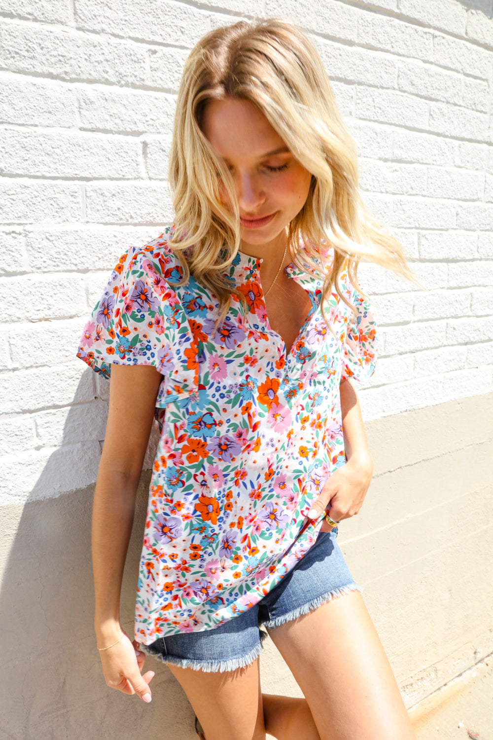 First Love Ivory Floral Print Notch Neck Puff Short Sleeve Top