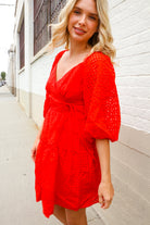 First Love Red Crepe Sweetheart Wrap Yoke Puff Sleeve Lined Dress