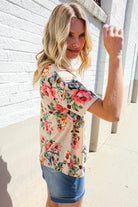 Haptics Taupe Floral Print Short Sleeve Top